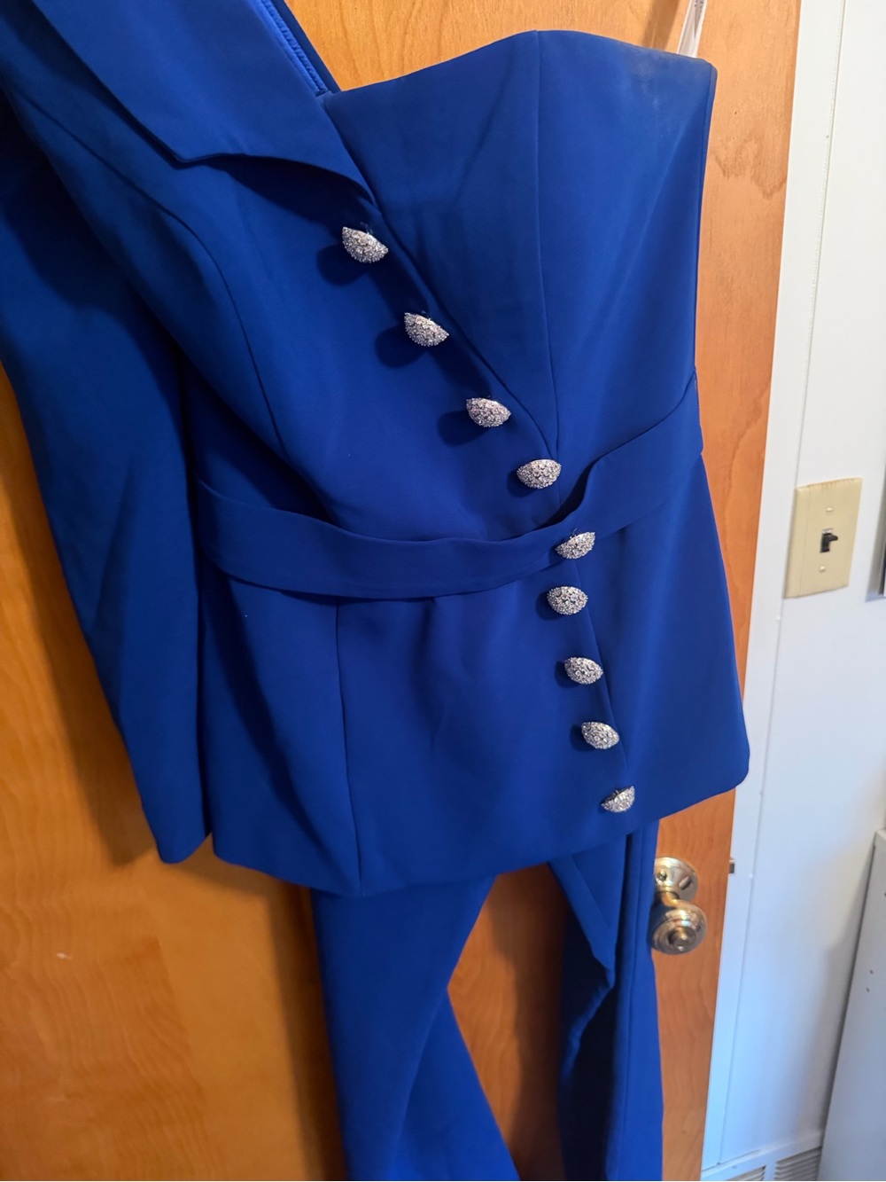 Jovani Royal Blue One-Shoulder Button Jumpsuit - Picture 3 of 9